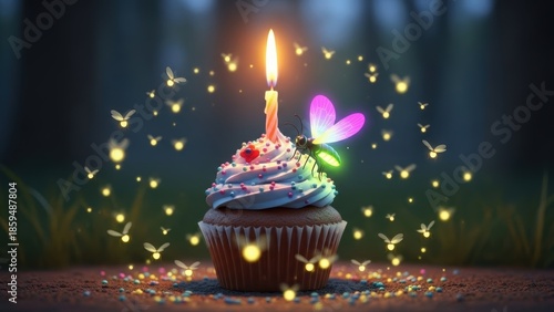 Magical birthday cupcake with glowing fireflies and candle