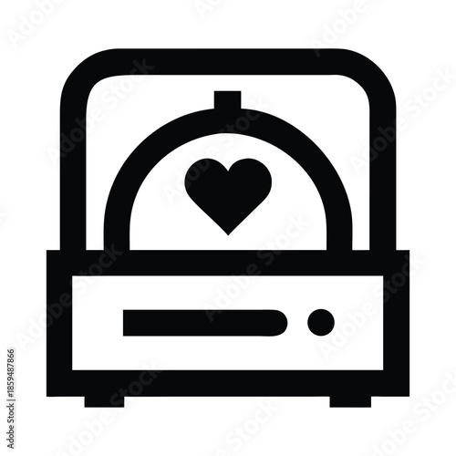 A simple black and white line art icon depicting a food warmer with a heart symbol