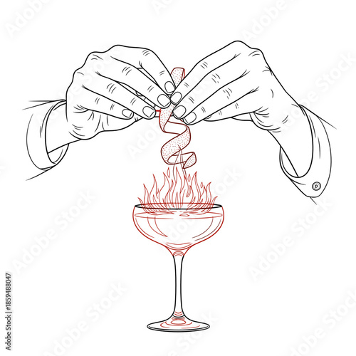 Bartender preparing flaming cocktail by garnishing with zest  