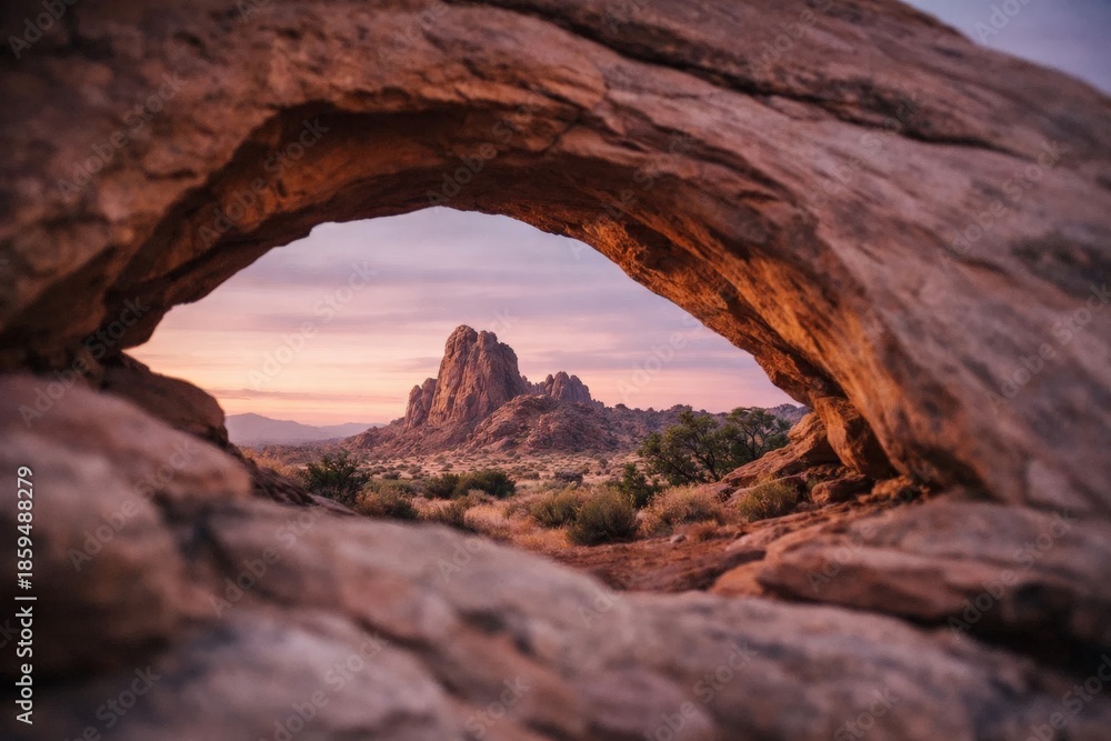 Obraz premium Natural sandstone arch framing distant mountains at sunrise, desert landscape view through rock window with soft pastel sky.