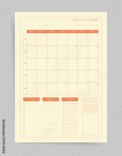 Monthly planner template featuring calendar grid with week labels, to do, notes and chores sections plus tracker boxes. Minimal beige and orange design for organized scheduling and management.