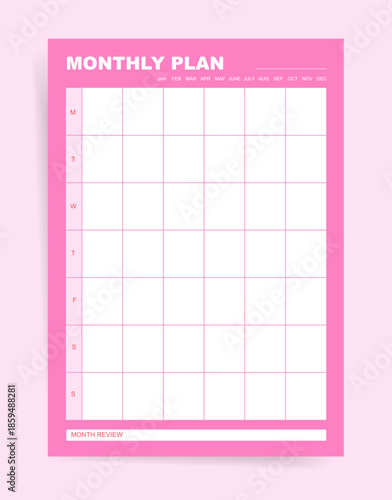 Pink monthly plan template with weekly grid and month review section. Calendar layout with week columns and space for daily planning. Vector design for scheduling and reflection.