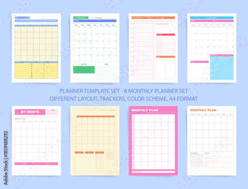 Monthly planner template set of eight A4 printable designs with calendars, trackers and to-do sections. Colorful layouts with notes and goals areas; vector collection for organizing schedules.