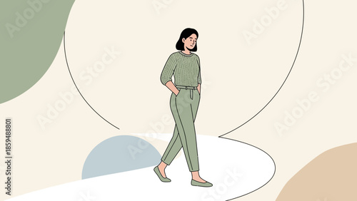 Stylish woman walking in minimalist abstract background illustration