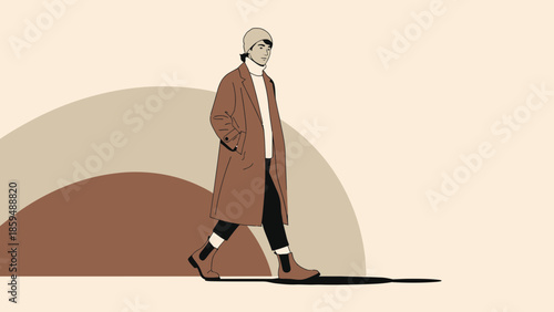 Stylish woman walking outdoors in autumn casual outfit with long coat and boots minimalistic