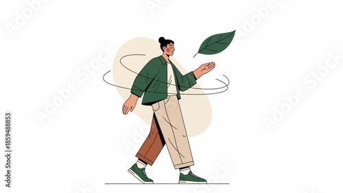 Stylish woman walking outdoors with a large leaf integrated into her movement design illustration