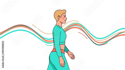 Stylish Woman Walking with Colorful Wavy Lines Behind her in a Modern Illustration