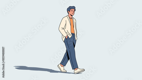 Stylish young man casually walking with hands in pockets and confident stride in minimalistic