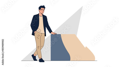 Stylish young man in casual blazer and beige pants standing next to a modern geometric sculpture
