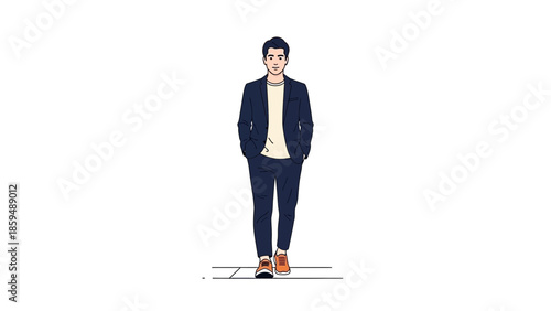 Stylish young man in casual outfit walking confidently against a minimal white background