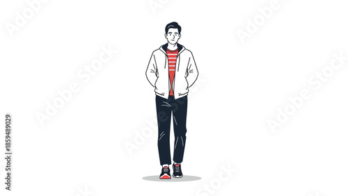 Stylish young man in casual outfit with jacket and striped shirt standing confidently on white