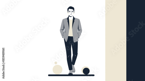 Stylish young man standing casually in modern attire on minimalist background