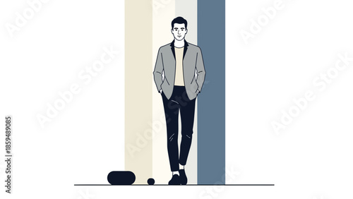 Stylish young man standing confidently with hands in pockets in abstract background modern fashion
