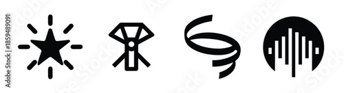 Four distinct black glyphs or symbols arranged in a horizontal line showcasing unique designs