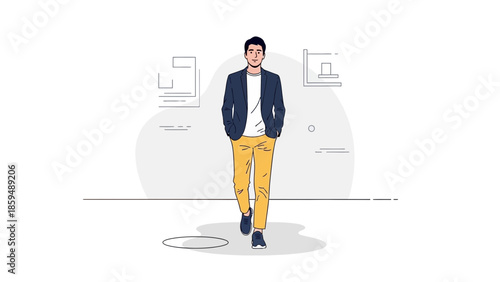 Stylish young man walking confidently in casual attire with modern minimal background
