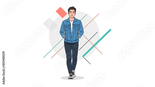 Stylish young man walking confidently in casual denim outfit with abstract geometric background
