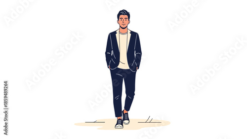 Stylish young man walking confidently in casual outfit with a backpack