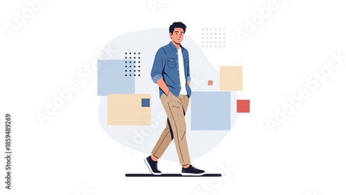 Stylish young man walking confidently in casual outfit with modern abstract background