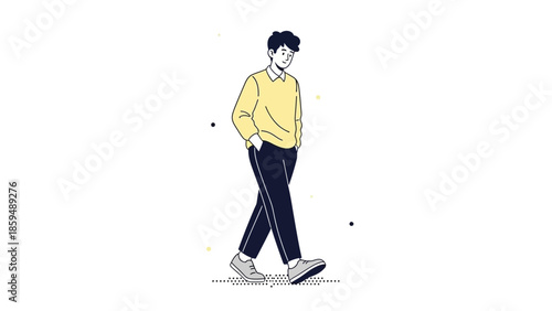Stylish young man walking confidently in casual outfit with hands in pockets minimal illustration