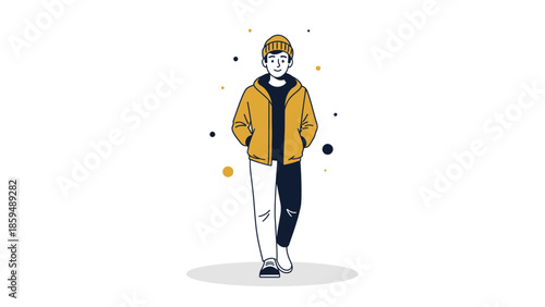 Stylish young man walking confidently in casual winter outfit with beanie and jacket