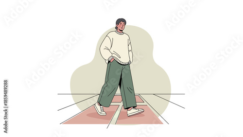 Stylish young man walking confidently on a crosswalk with casual fashion and relaxed pose in an