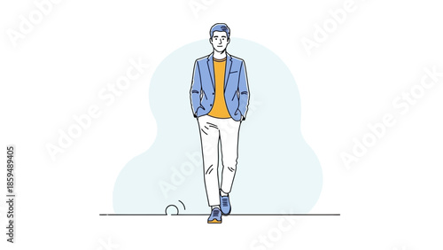 Stylish young man walking confidently with hands in pockets in casual outfit with minimal background