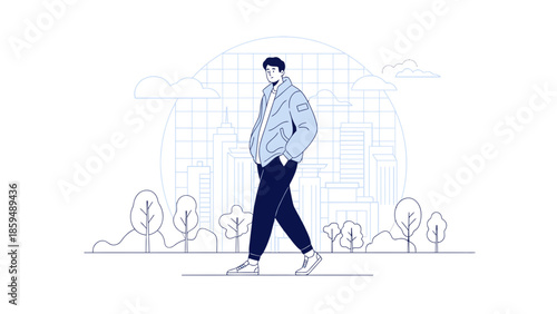 Stylish young man walking in an urban park with city skyline in background illustration