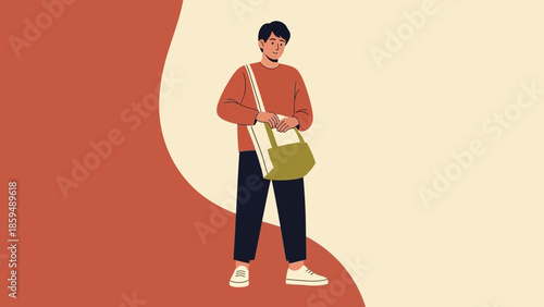 Casual young man standing with shopping bags on a stylish minimalist background