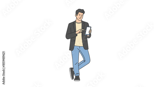 Casual young man using smartphone while leaning against a white background in a modern, relaxed