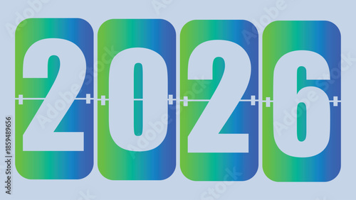 Vector  illustration of Year 2026 flip clock display with blue and green gradient digits on a light blue background