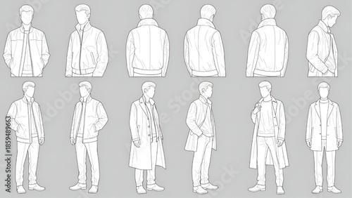 Male Fashion Illustrations Set Showing Various Outfits and Poses on Gray Background