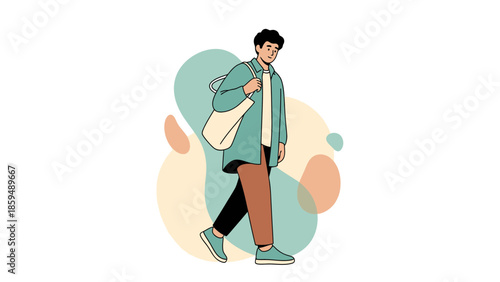 Casual young man with backpack walking outdoors in a colorful abstract background