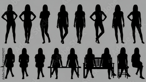Silhouette of Women Shopping and Posing Isolated on Grey Background