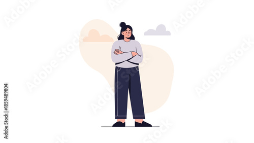 Confident woman standing outdoors with folded arms in casual clothing under cloudy sky