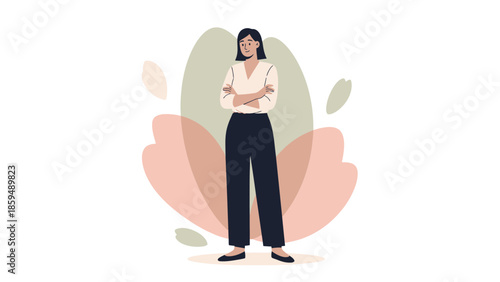 Confident Woman Standing with Arms Crossed in Front of Feminine Abstract Floral Background