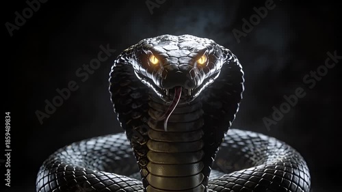 Closeup of a menacing black cobra with glowing yellow eyes and flickering tongue on a dark background.
