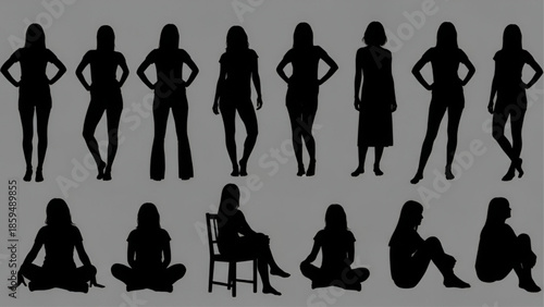 Silhouette Women Posing in Various Positions against Gray Background