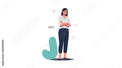 Confident woman standing with crossed arms, illustration emphasizing daily routines and