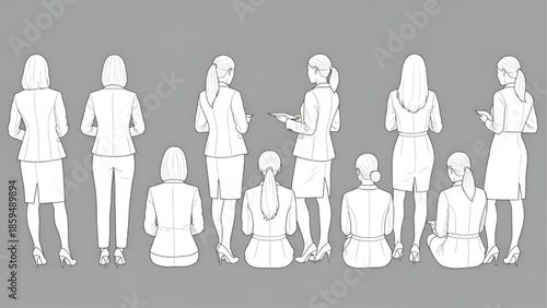 Business Women Silhouettes in Various Poses Isolated on Grey Background