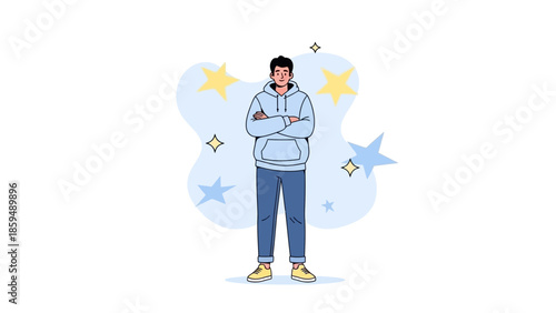 Confident young man standing with arms crossed amid colorful stars and abstract shapes in a modern