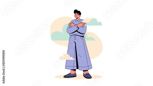 Confident young woman standing with crossed arms in stylish casual outfit against abstract