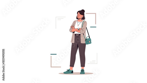 Confident young woman standing with crossed arms and a backpack in a modern casual outfit