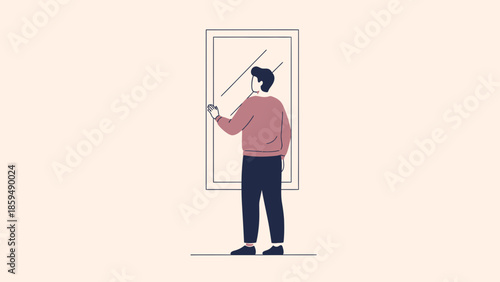 Contemplative man gazing through a window with a minimalistic soft pastel background