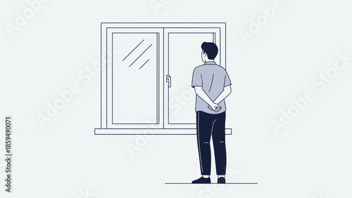 Contemplative man standing by window looking outside in a minimalistic line art drawing