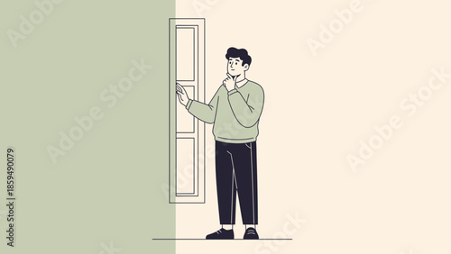 Contemplative man standing near window with thoughtful expression in minimalistic digital