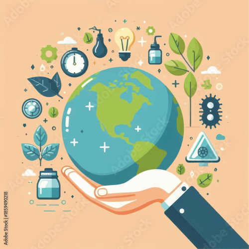 Hand holding the Earth with environmental icons surrounding it.