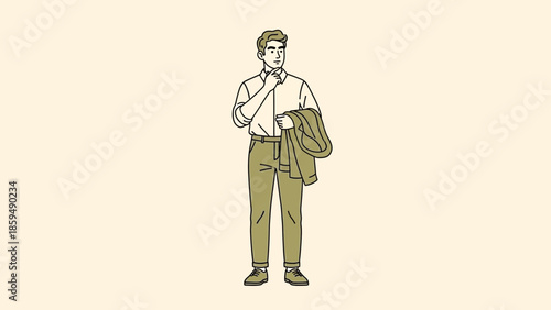 Contemplative young man holding coat and pondering thoughtfully with casual attire on a plain