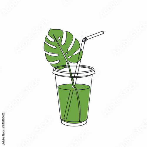 Refreshing green smoothie in a clear plastic cup with a straw and leaf.