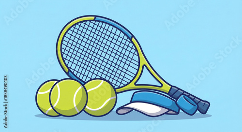 Cartoon tennis racket two balls a wristband and visor Ready for the tennis match!