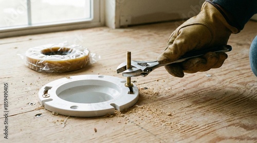 Plumber installing toilet flange and tightening bolts on floor